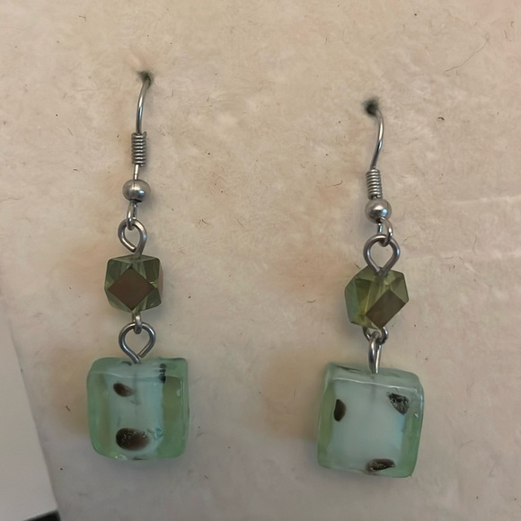 2” silver tone dangle drop earrings with teal green resin dice dangles on wires - Picture 1 of 12